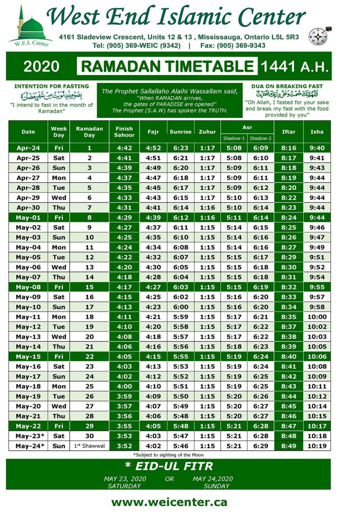 Ramadan Calendar 2022 Toronto Ahmadiyya.Ramadan Timetable 2020 West End Islamic Center Mississauga